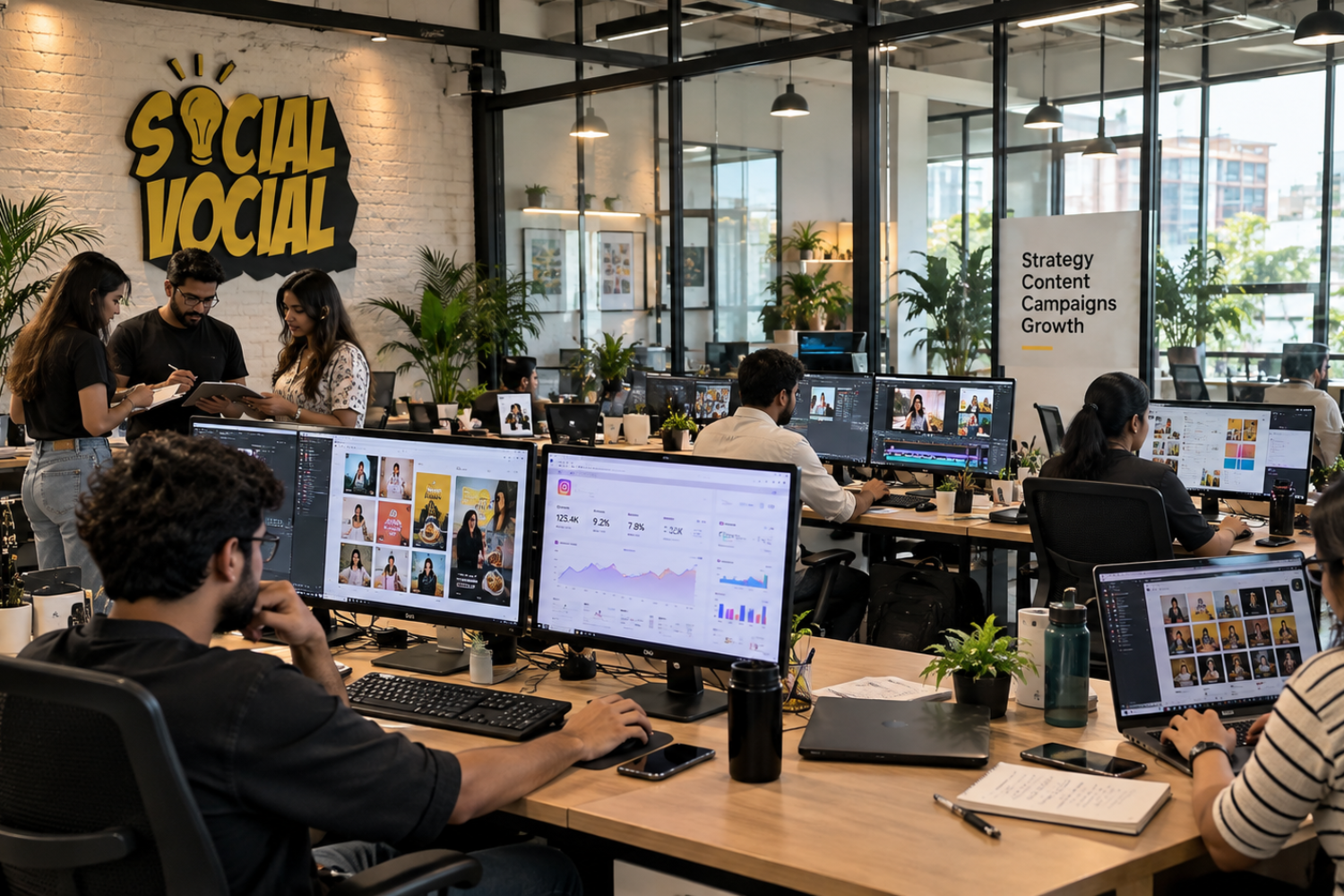 Social Vocial digital marketing agency team working in a modern open-plan office on social media strategy, content creation, and ad campaigns. Visible is the brand logo and computer screens with marketing dashboards.