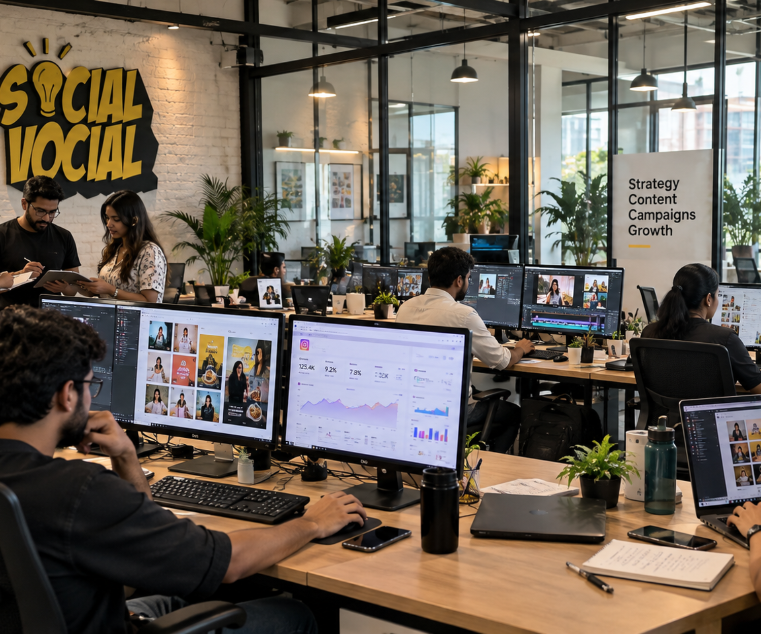 Social Vocial digital marketing agency team working in a modern open-plan office on social media strategy, content creation, and ad campaigns. Visible is the brand logo and computer screens with marketing dashboards.