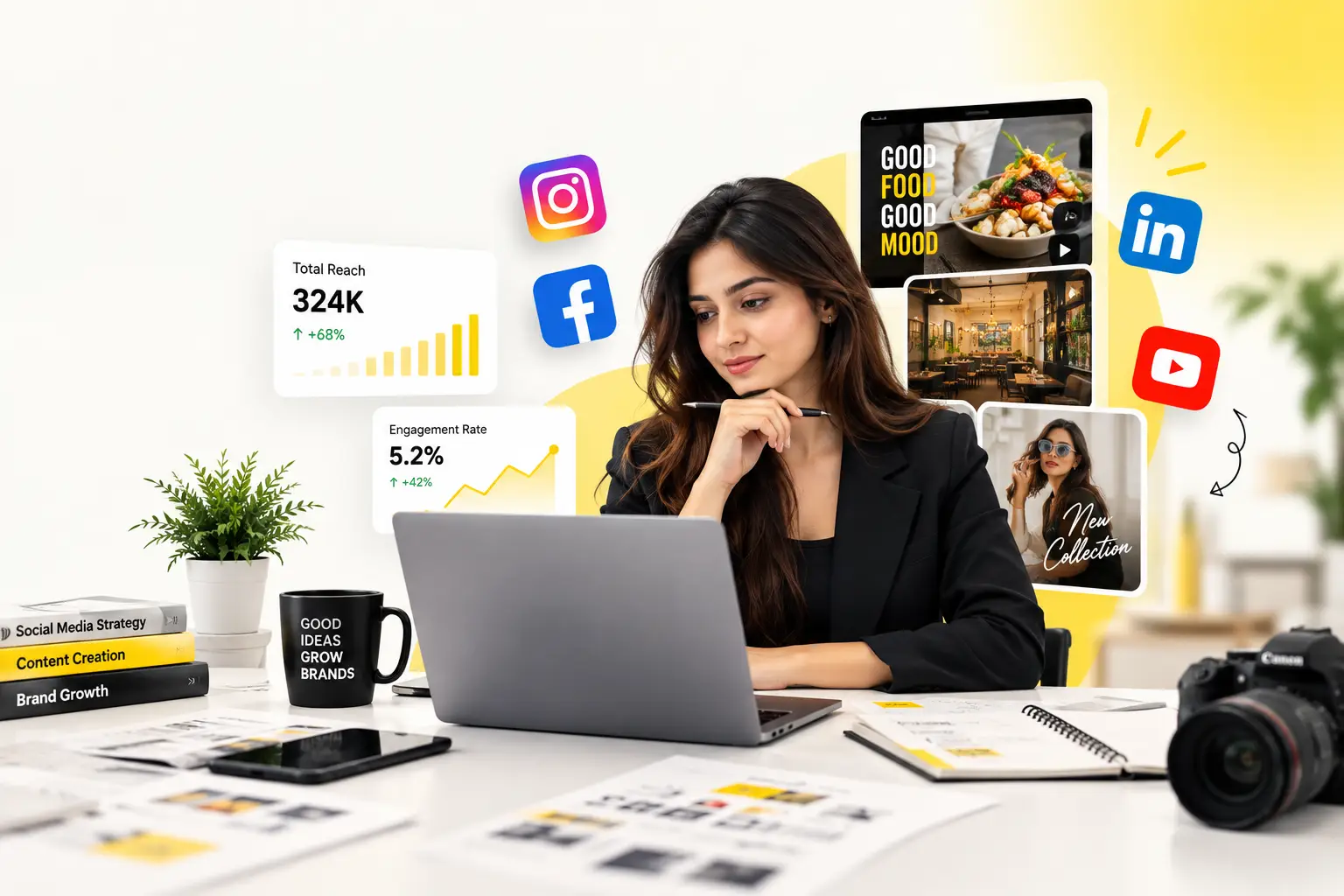 Social media content strategist reviewing campaign creative, social posts and content planning visuals